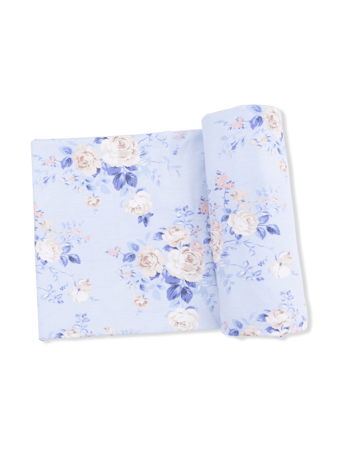 Floral fabric in soft blue with roses and leaves, rolled and flat for display. Ideal for sewing projects and crafts.