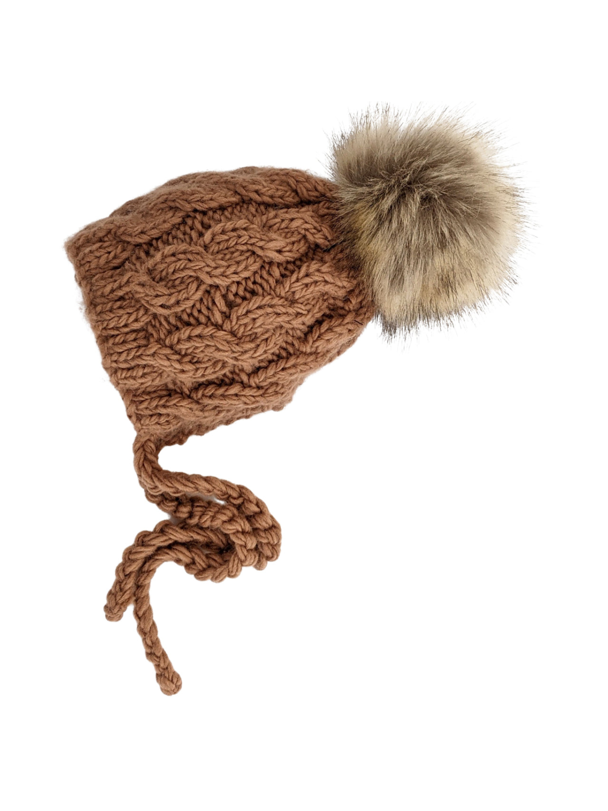 Brown knitted hat with a faux fur pom-pom on top and braided ties. Ideal for winter wear.
