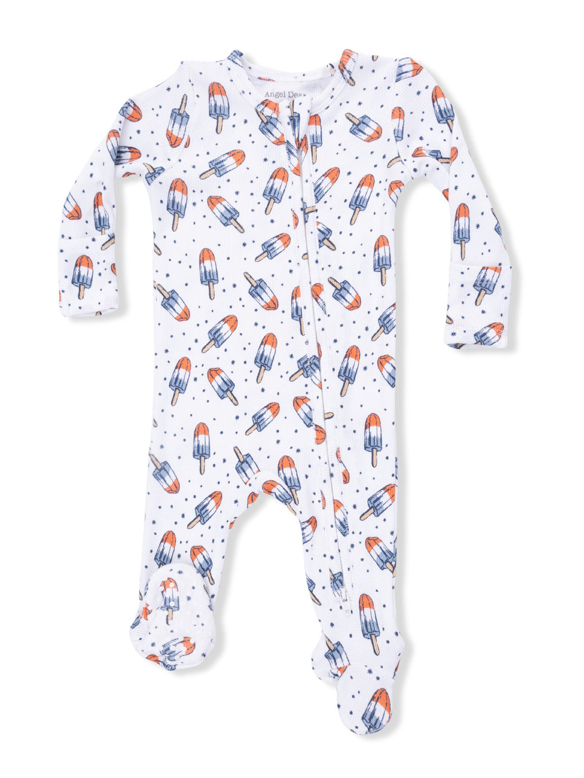 White baby onesie with colorful popsicle pattern and polka dots, featuring long sleeves and footed design.