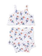White toddler two-piece swimsuit with blue and orange popsicle pattern and ruffled hem. Ideal for summer fun.