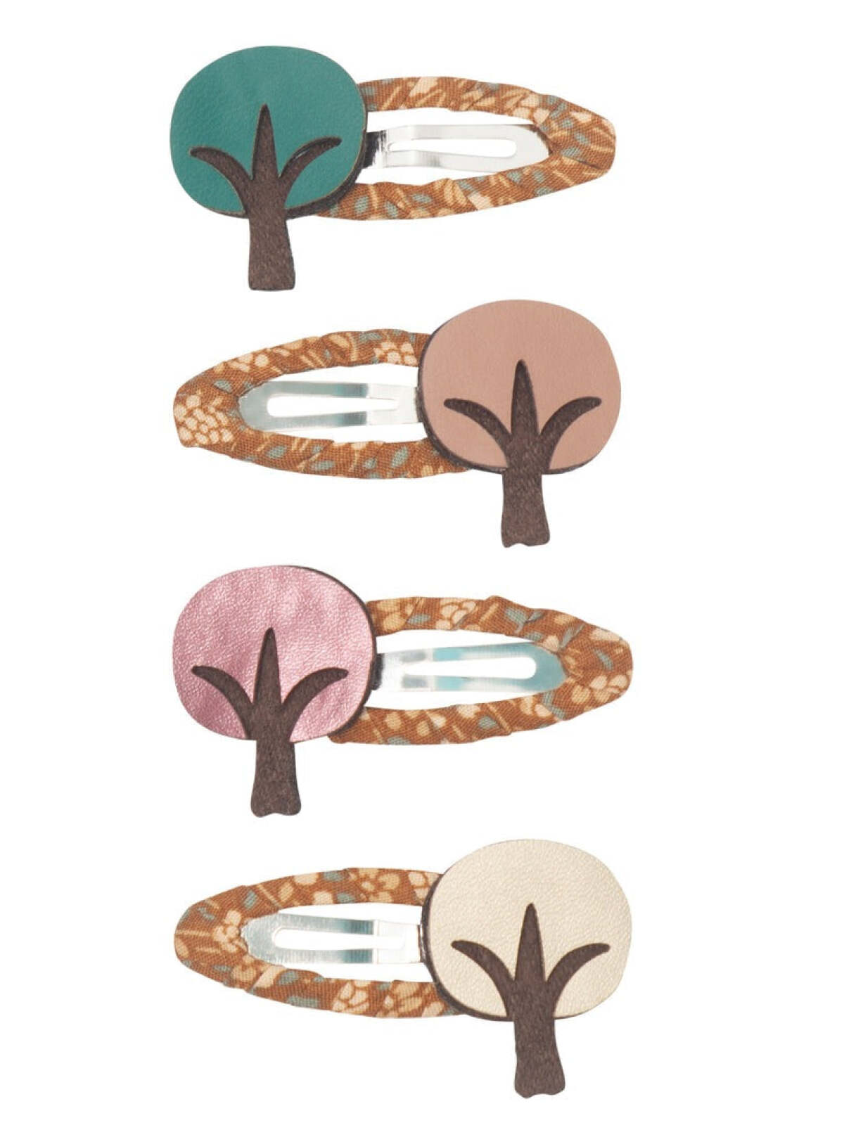 Set of four hair clips with tree designs in pastel colors and a textured background.