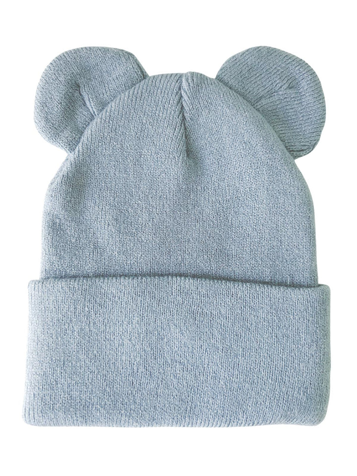 Light blue beanie hat with bear ears on top and a folded cuff. Ideal for casual winter wear.