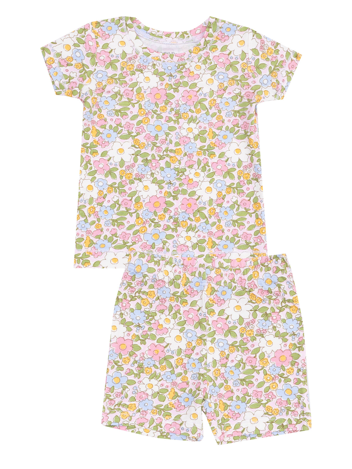 Floral-patterned kids' pajama set featuring a short-sleeve top and matching shorts in pastel colors.