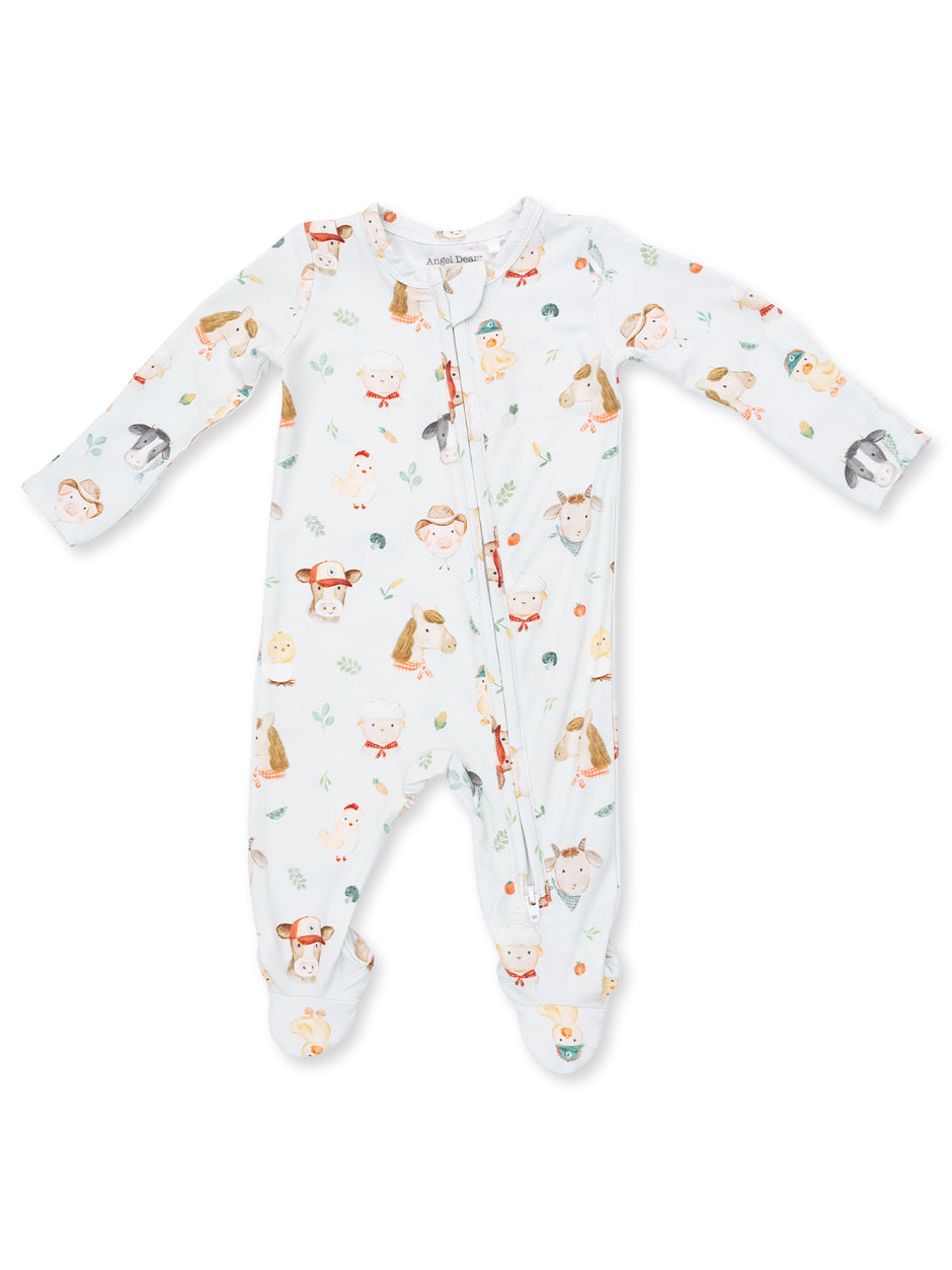 Light blue infant onesie featuring playful animal illustrations and a front zipper closure. Soft and cozy fabric.