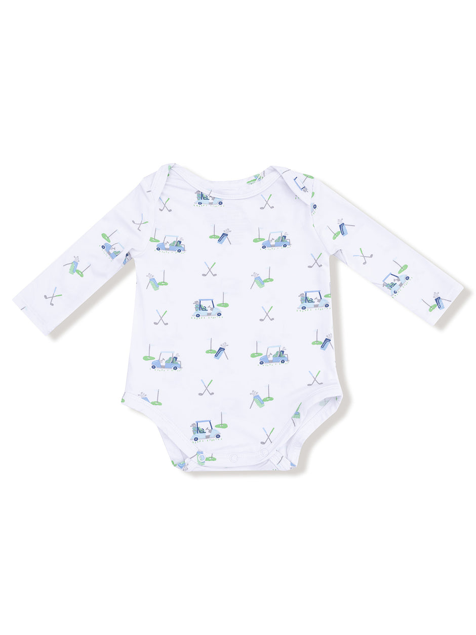 Long-sleeve baby onesie featuring playful golf-themed prints in blue and green on a white background.