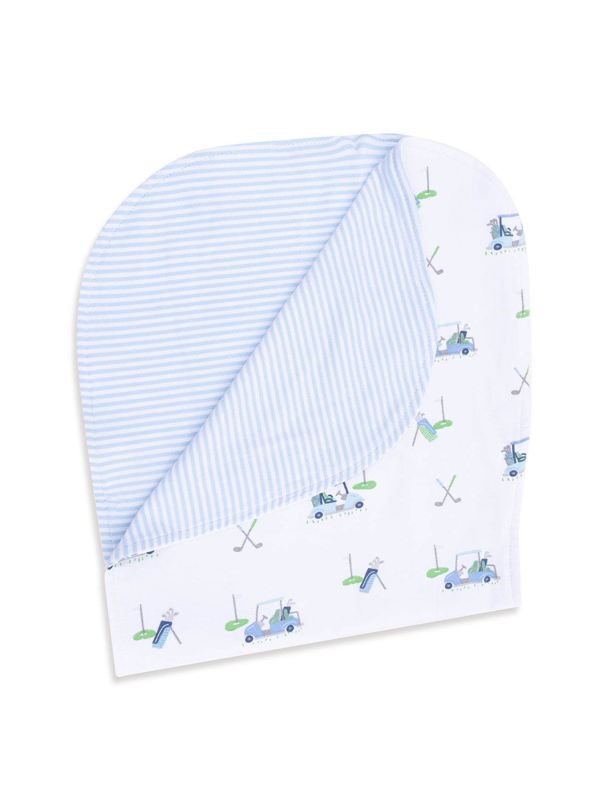 Golf-themed baby hat with blue stripes and playful golf cart designs. Ideal for young golf enthusiasts.