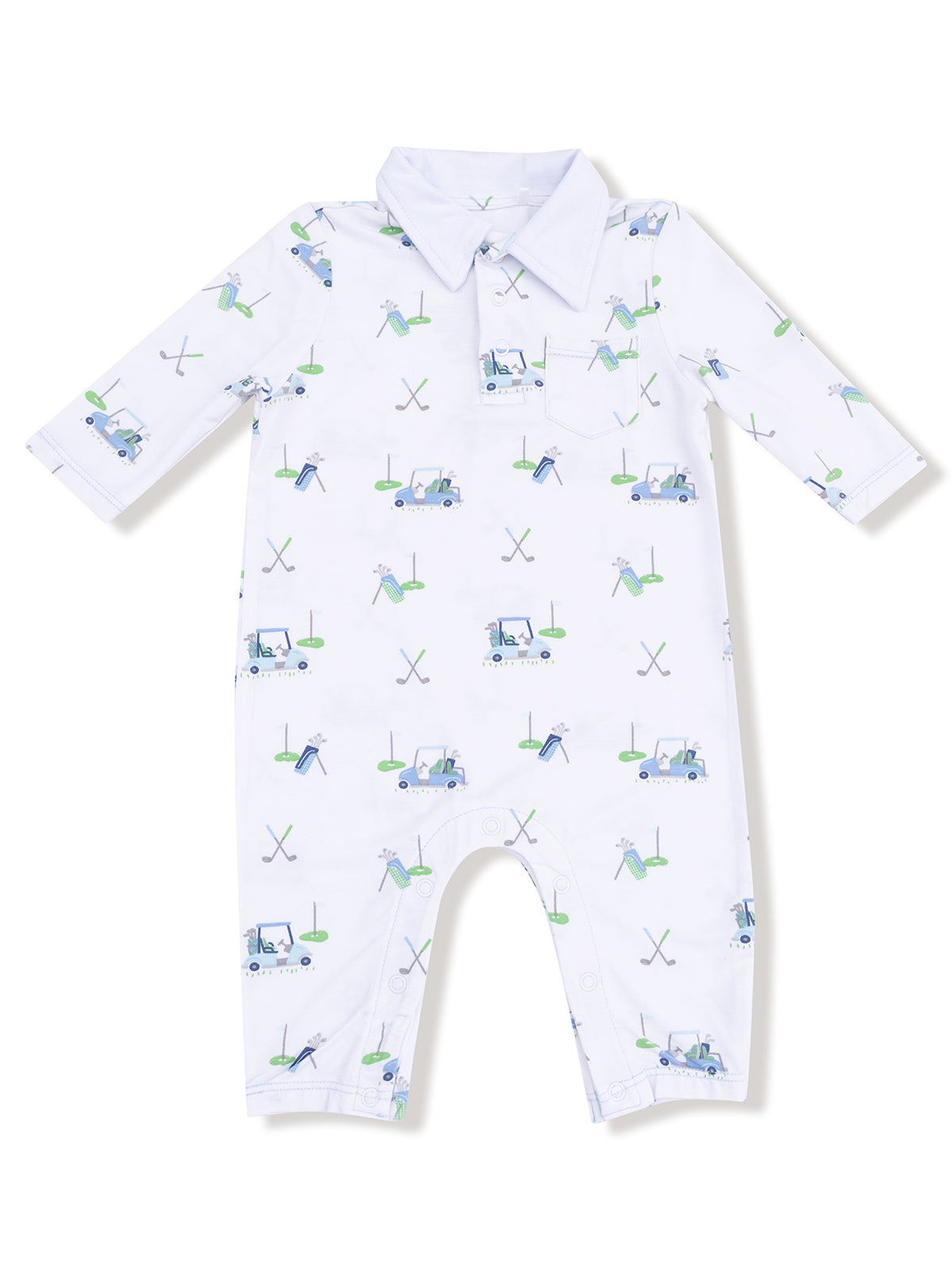 White golf-themed romper featuring golf carts, clubs, and tees in a fun, playful pattern. Suitable for infants.