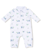 White golf-themed romper featuring golf carts, clubs, and tees in a fun, playful pattern. Suitable for infants.