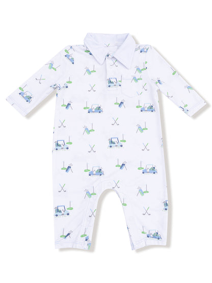 White golf-themed romper featuring golf carts, clubs, and tees in a fun, playful pattern. Suitable for infants.
