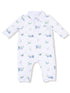 White golf-themed romper featuring golf carts, clubs, and tees in a fun, playful pattern. Suitable for infants.