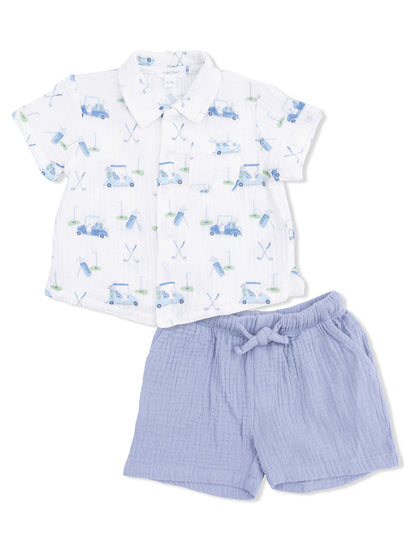 Boys' golf-themed shirt and light blue shorts set for casual wear, featuring colorful golf cart prints.
