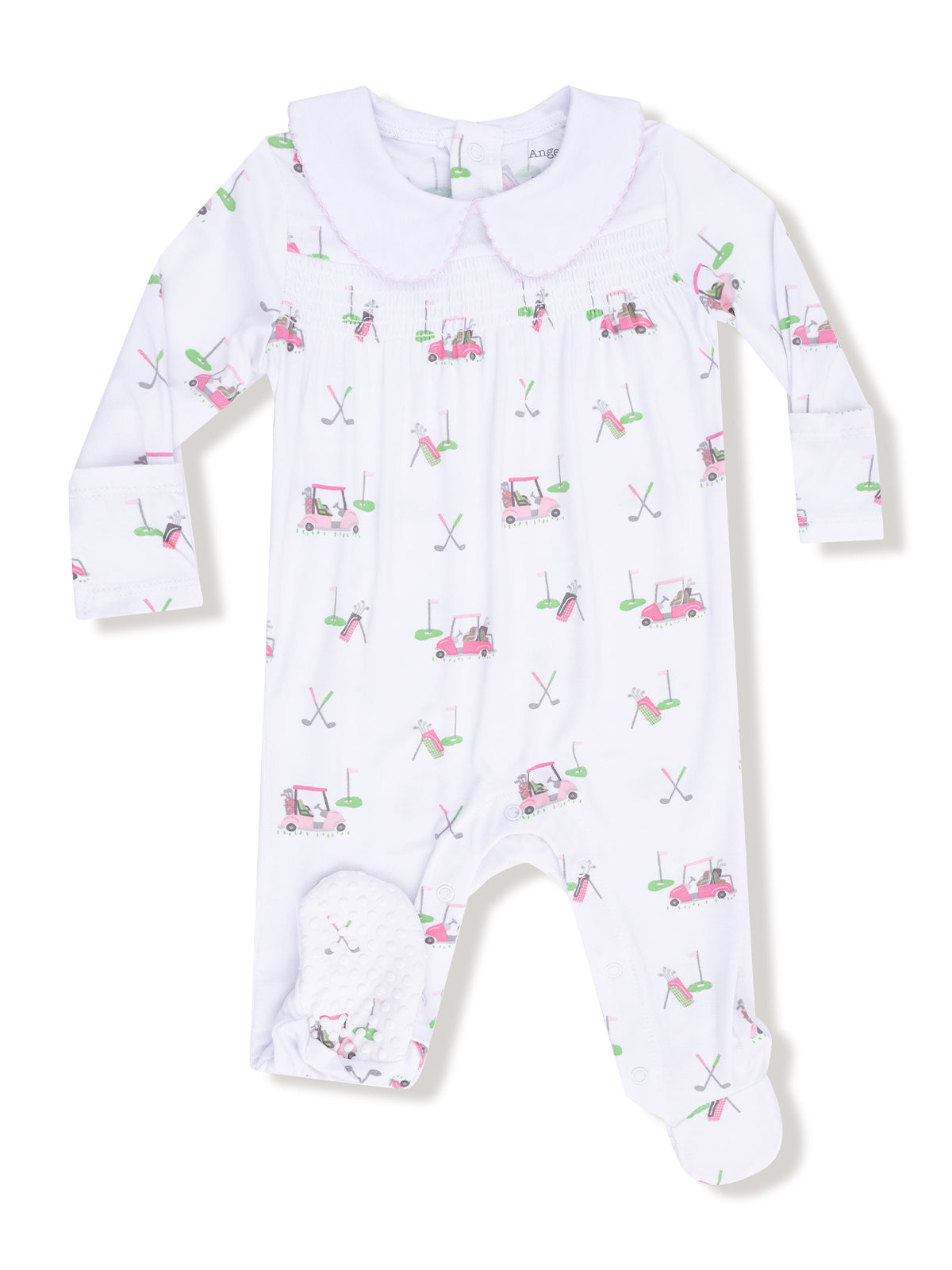 White baby onesie with golf-themed print, featuring carts, clubs, and a Peter Pan collar. Ideal for young golfers.