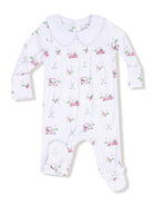 White baby onesie with golf-themed print, featuring carts, clubs, and a Peter Pan collar. Ideal for young golfers.