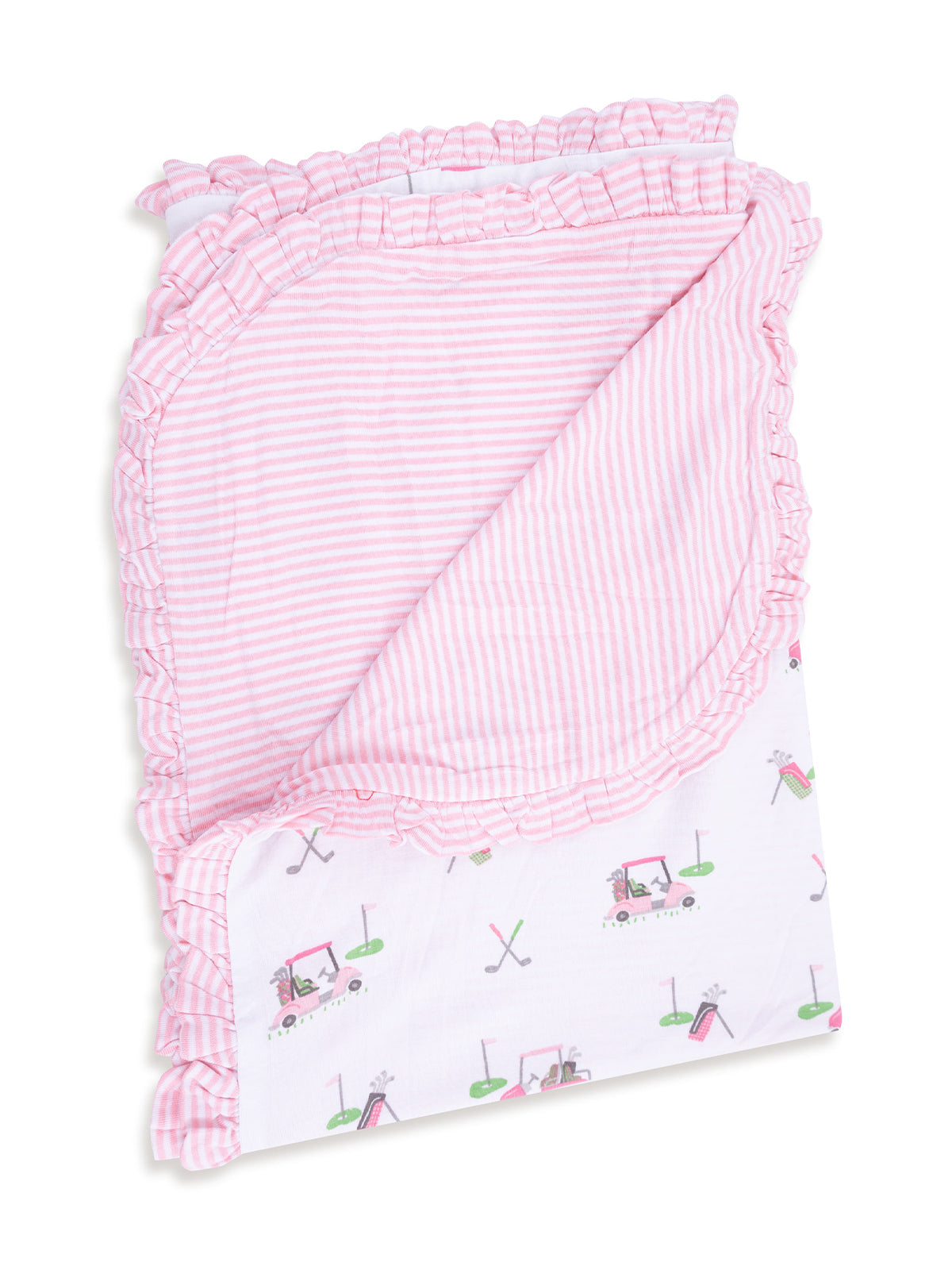 Pink and white ruffled baby blanket with a golf-themed pattern. Ideal for nurseries and baby gifts.