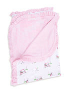 Pink and white ruffled baby blanket with a golf-themed pattern. Ideal for nurseries and baby gifts.