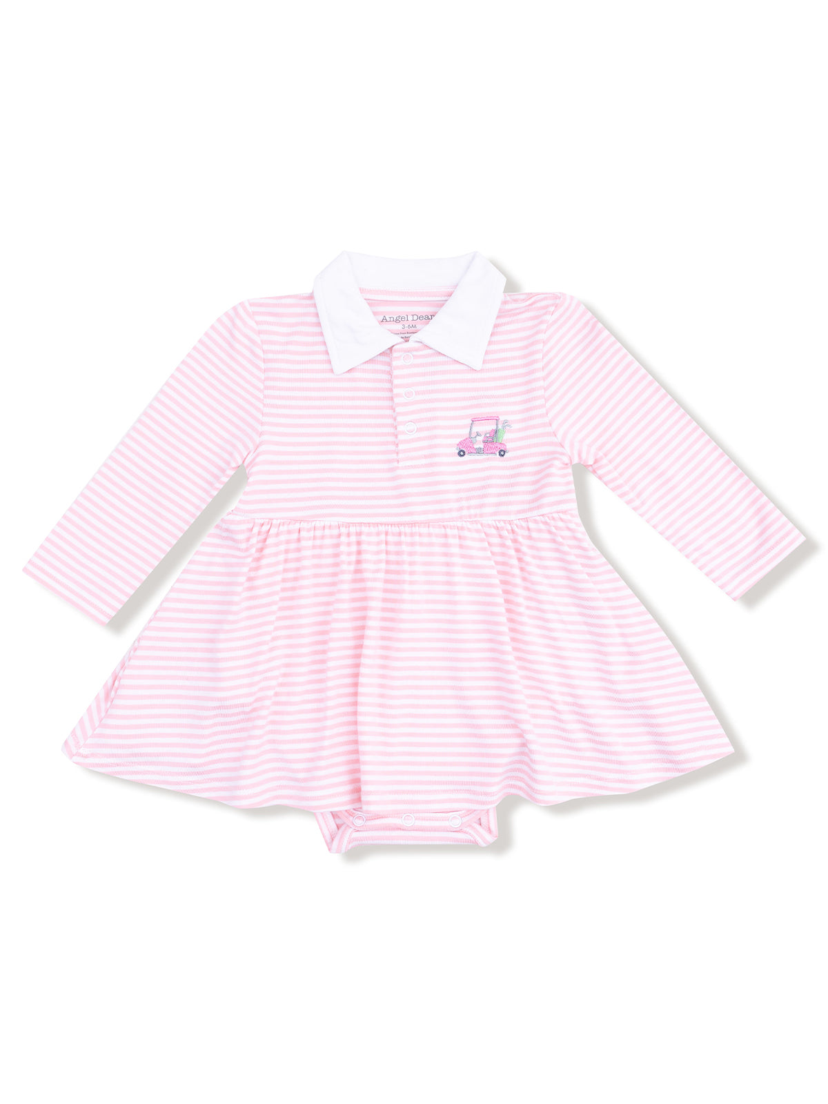 Pink and white striped infant dress with long sleeves and a white collar, featuring a playful truck design.