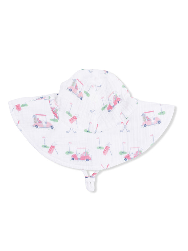 White sun hat with golf-themed patterns, including golf carts, clubs, and flags. Perfect for sunny days on the course.