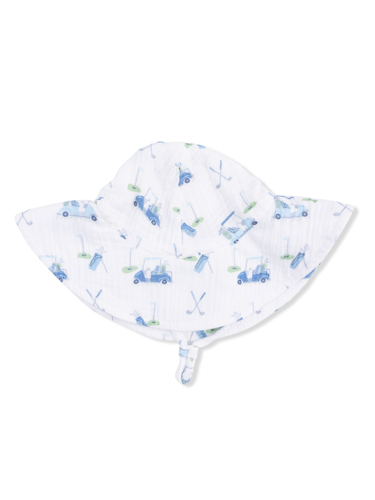 Child's sun hat featuring a playful golf-themed print with blue and green motifs on a white background.