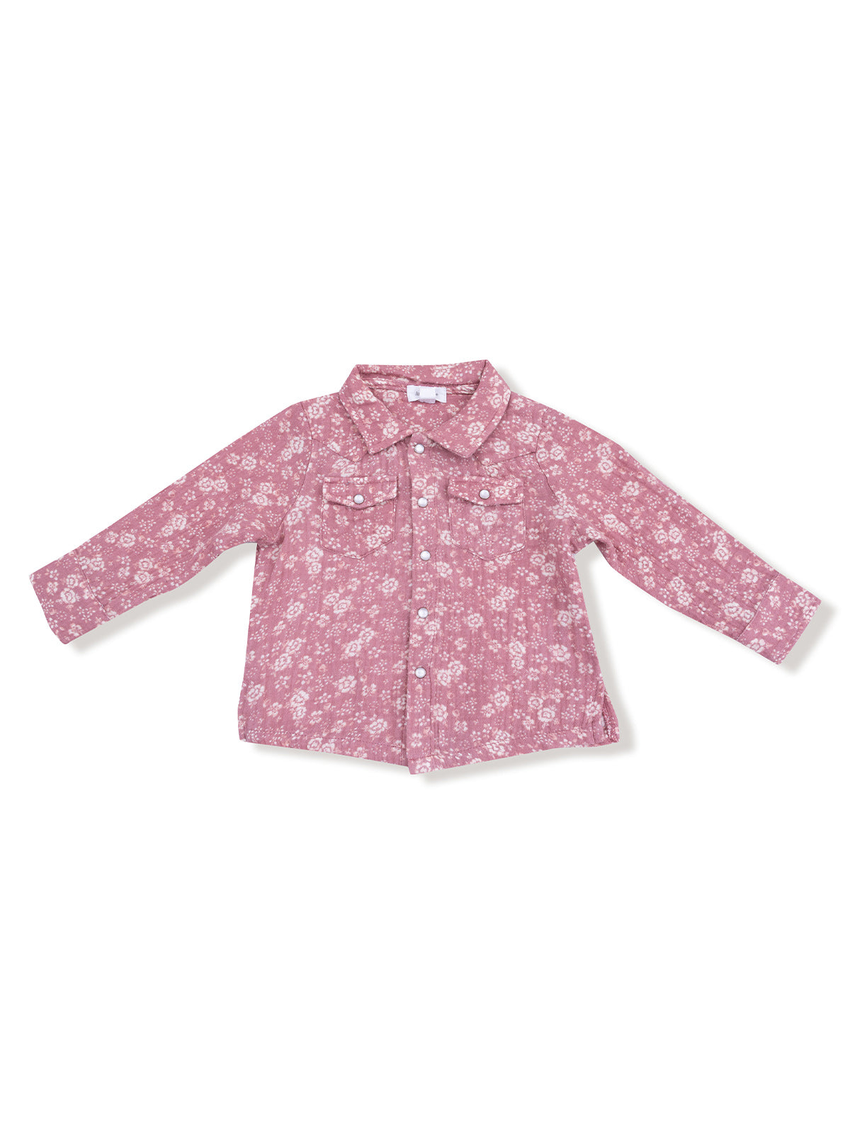 Red floral long-sleeve shirt laid flat, featuring a button-up front and collared neckline.