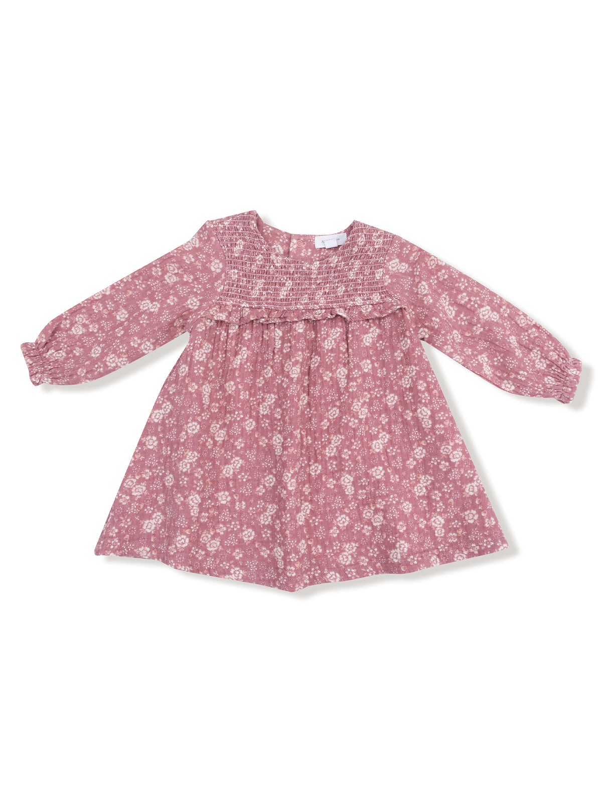 Pink floral dress with long sleeves and smocked bodice, perfect for casual outings or special occasions.