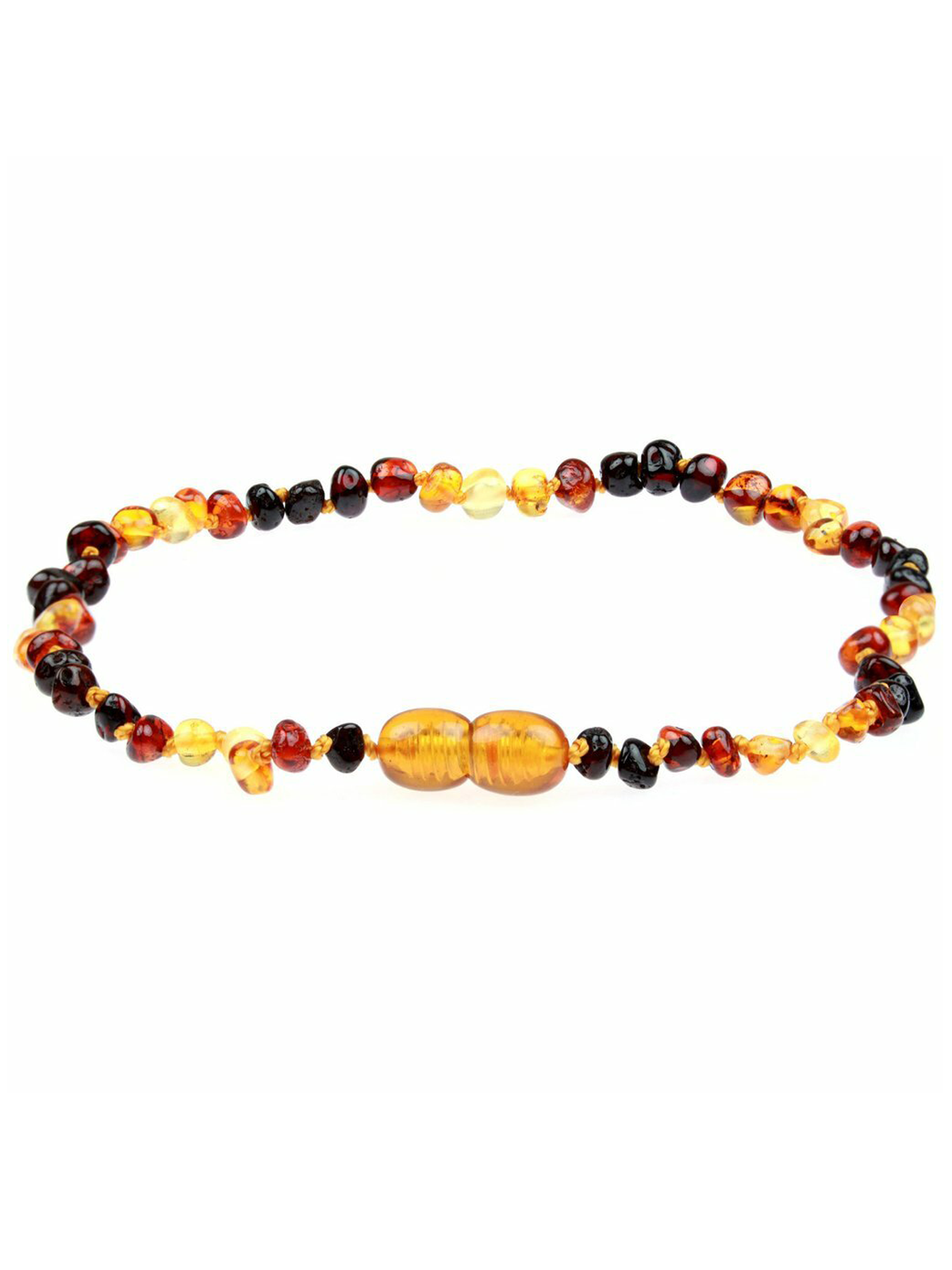 Amber beaded bracelet in warm tones of yellow, orange, and black against a white background.