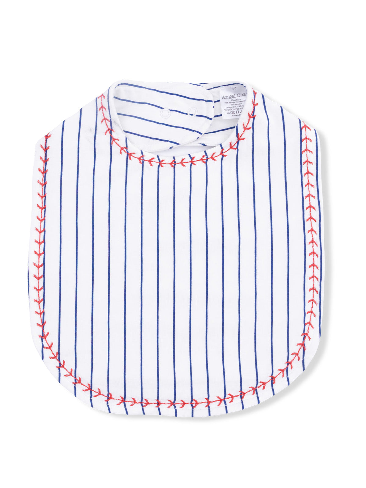 Striped baby bib with blue lines and red embroidered trim, designed for mealtime protection and style.