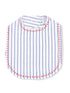 Striped baby bib with blue lines and red embroidered trim, designed for mealtime protection and style.
