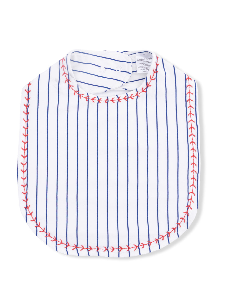 Striped baby bib with blue lines and red embroidered trim, designed for mealtime protection and style.