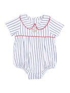 White baby romper with blue stripes and red collar, featuring decorative crisscross detail.
