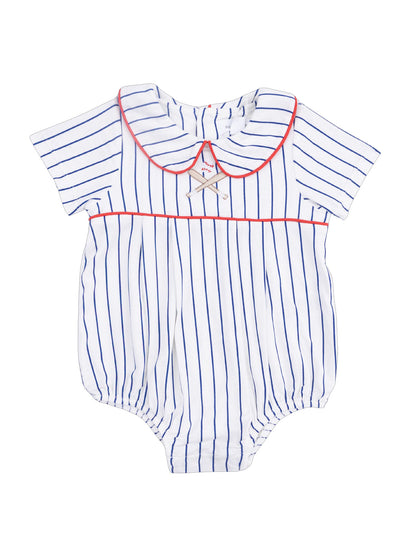 White baby romper with blue stripes and red collar, featuring decorative crisscross detail.