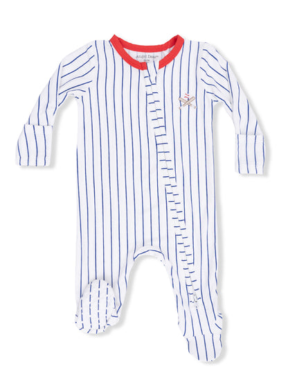 White baby onesie with blue stripes and red collar, featuring a small baseball bat and ball design.