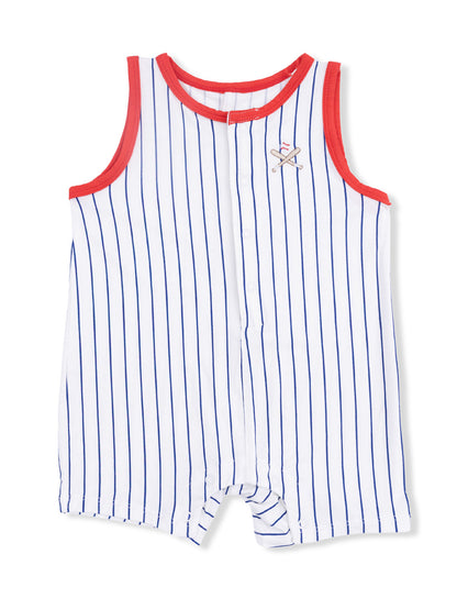 Blue and white striped sleeveless romper with red trim and baseball bat embroidery.