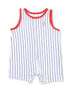 Blue and white striped sleeveless romper with red trim and baseball bat embroidery.