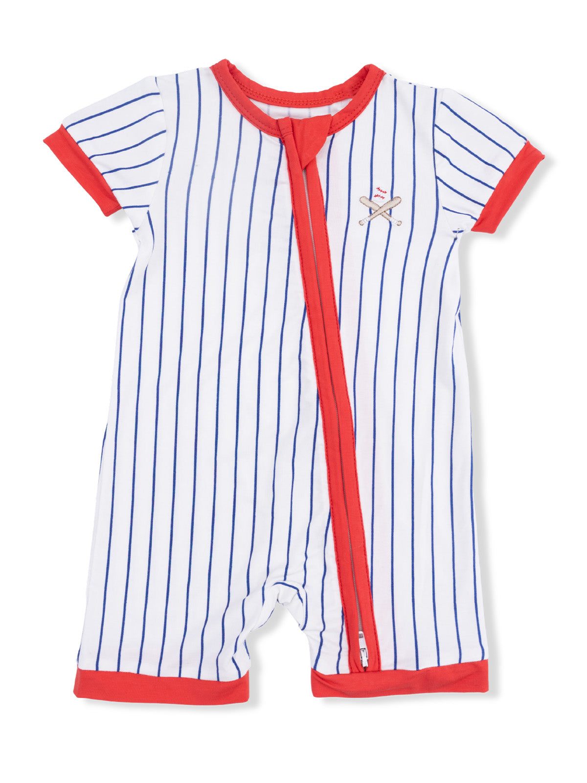 Red and white striped baby romper with short sleeves and a front zipper, featuring a small baseball graphic.