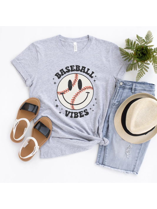 Baseball Vibes Happy Face Adult Graphic Tee, Grey