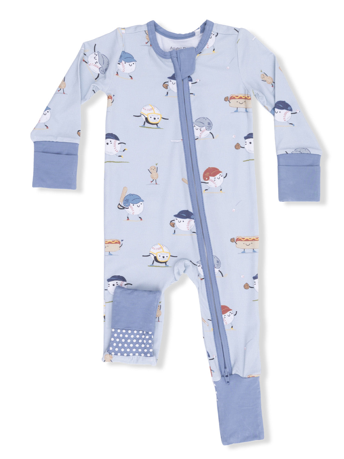 Light blue one-piece pajama with playful food-themed characters and a front zipper.