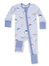 Light blue one-piece pajama with playful food-themed characters and a front zipper.