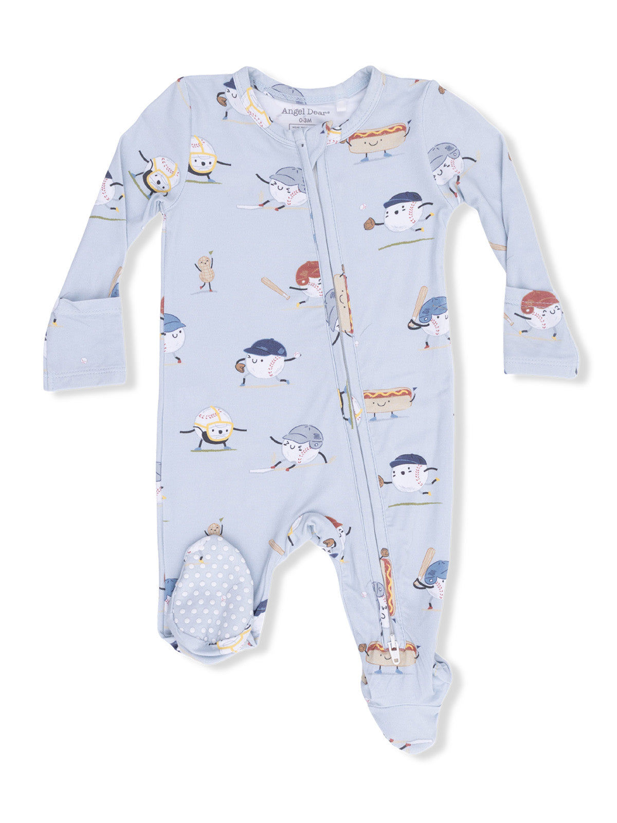 Blue infant onesie with playful food-themed sports characters and a front zipper for easy dressing.
