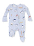 Blue infant onesie with playful food-themed sports characters and a front zipper for easy dressing.