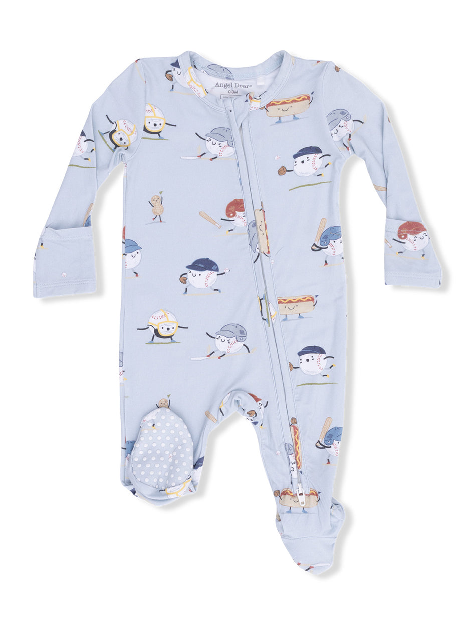 Blue infant onesie with playful food-themed sports characters and a front zipper for easy dressing.