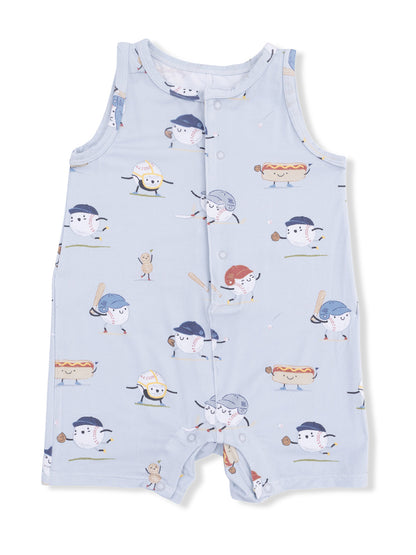Light blue baby romper with playful food and baseball character patterns. Features snap buttons for easy dressing.