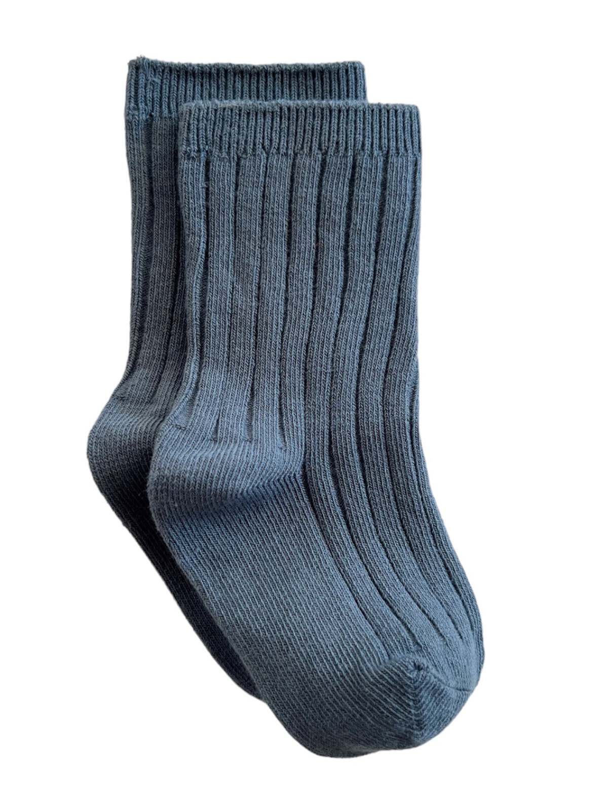 Pair of blue ribbed socks displayed together on a white background.