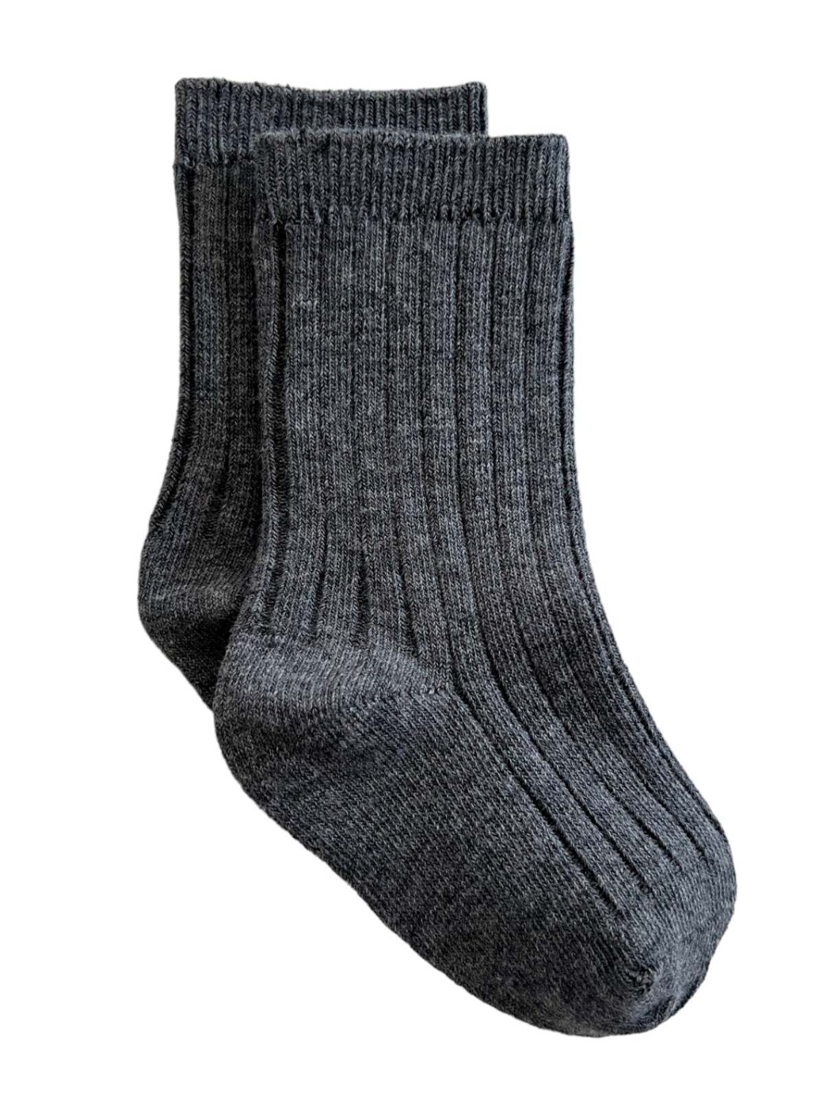 Pair of dark gray ribbed socks on a white background. Ideal for comfort and warmth.