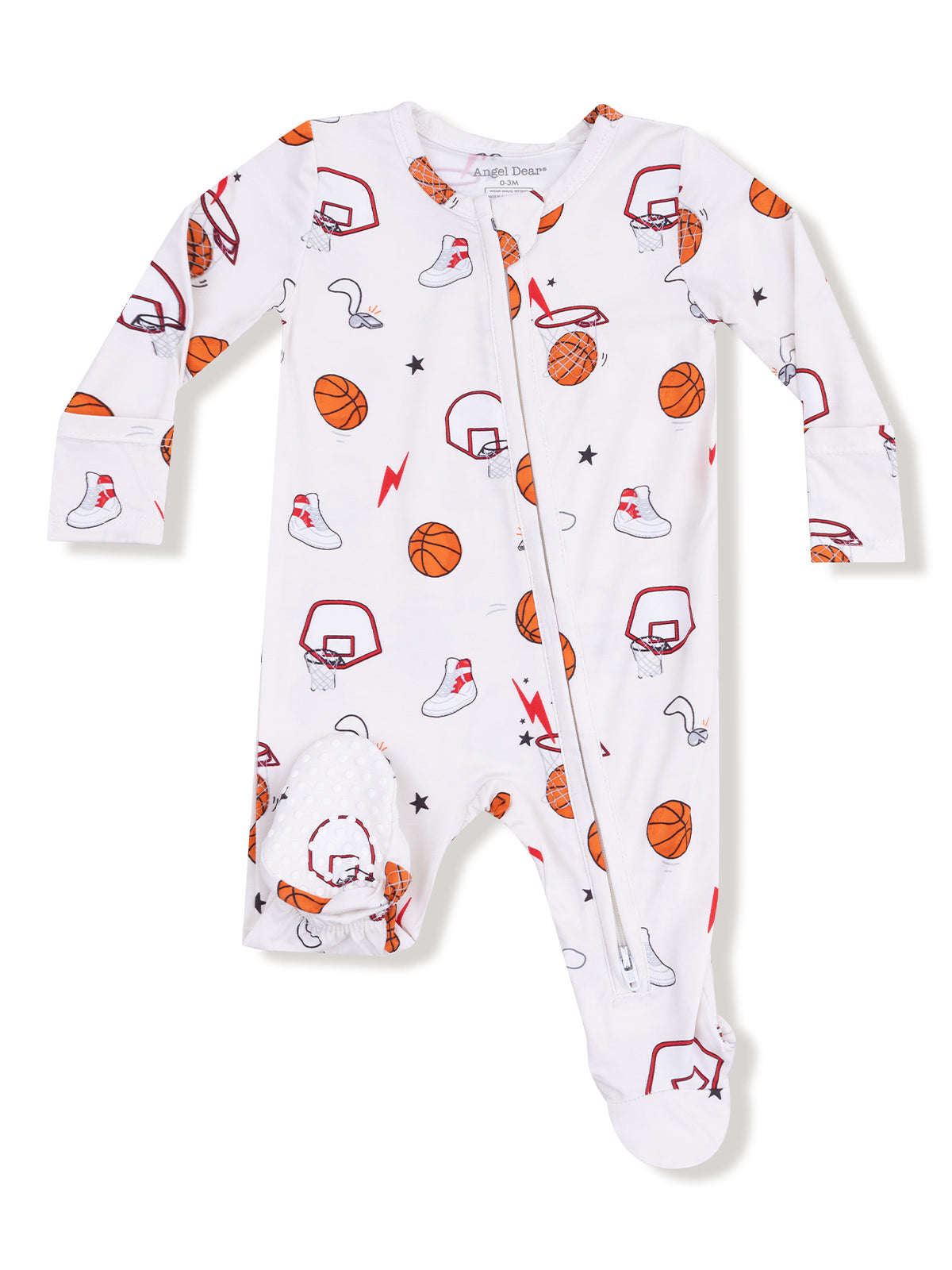 White baby onesie with colorful basketball and sneaker patterns, featuring a front zipper for easy dressing.