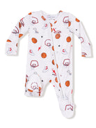 White baby onesie with colorful basketball and sneaker patterns, featuring a front zipper for easy dressing.