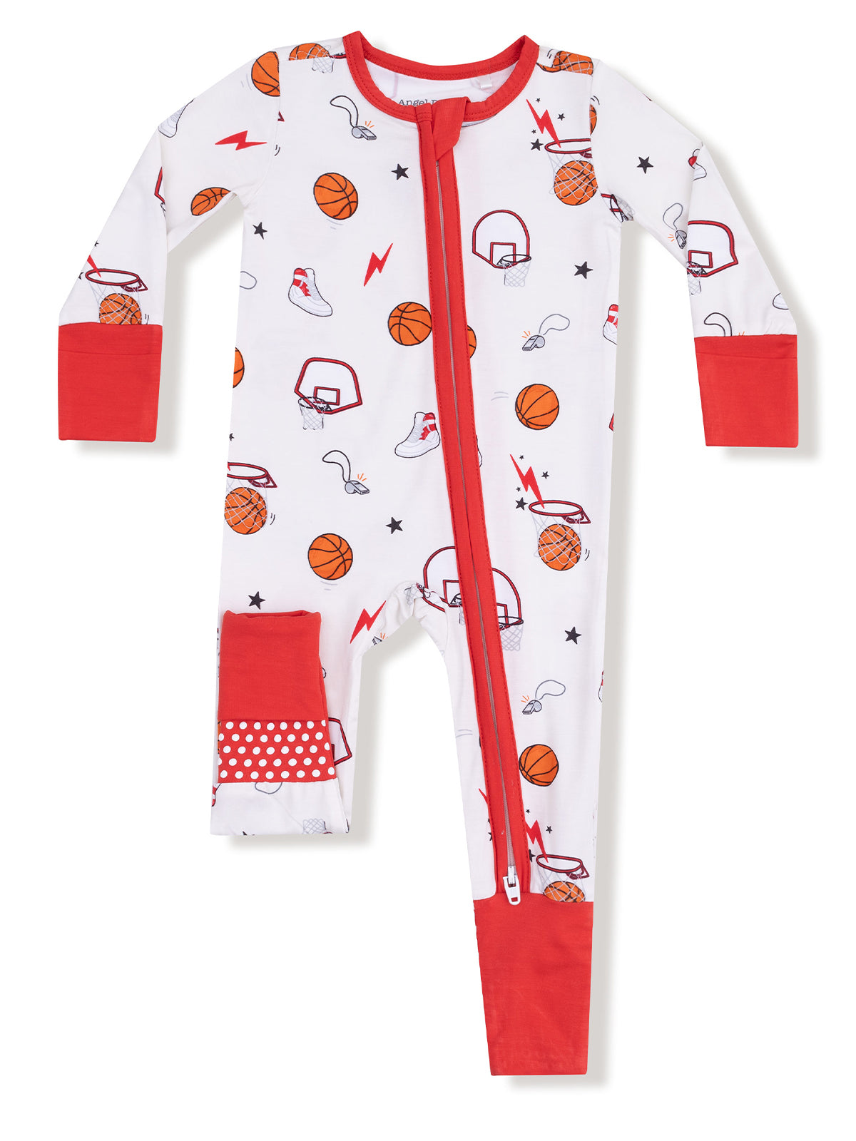 Youth onesie featuring basketball, sneakers, and sports-themed prints in red and white colors.