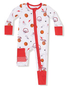 Youth onesie featuring basketball, sneakers, and sports-themed prints in red and white colors.