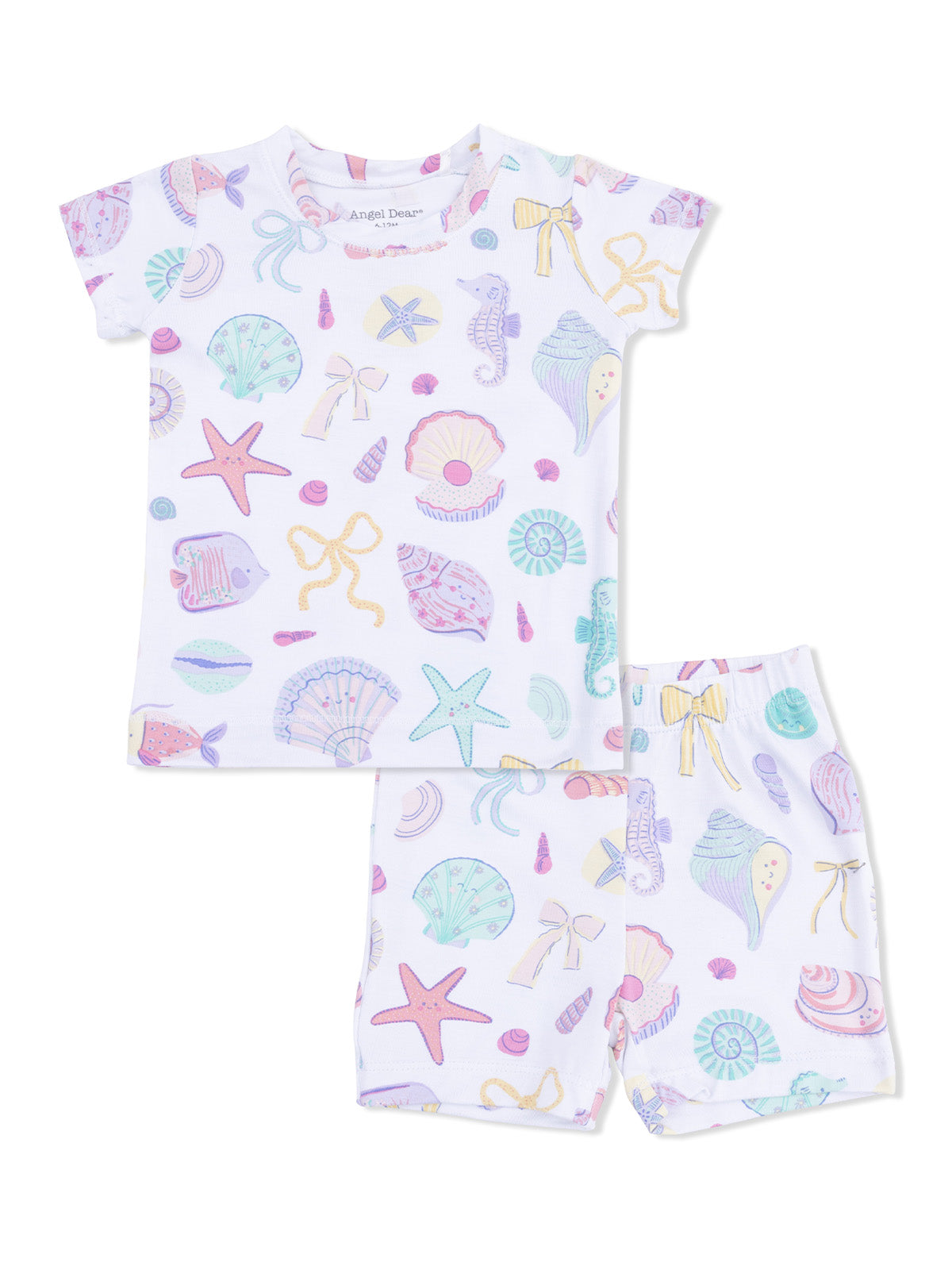 Kids' ocean-themed pajama set featuring seashells, starfish, and seahorses in pastel colors on a white background.