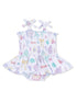 Girls' swim dress with pastel seashell print and bow straps, featuring a flared skirt and matching bottom.