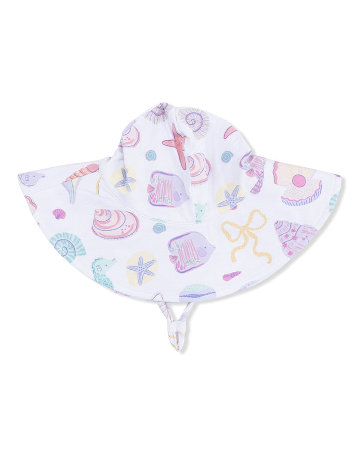 White sun hat with colorful seashell and sea creature patterns, featuring a wide brim and chin ties.